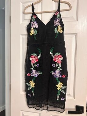 Guess Black Lace Midi Dress with Multicolor Floral Embroidery and Slip